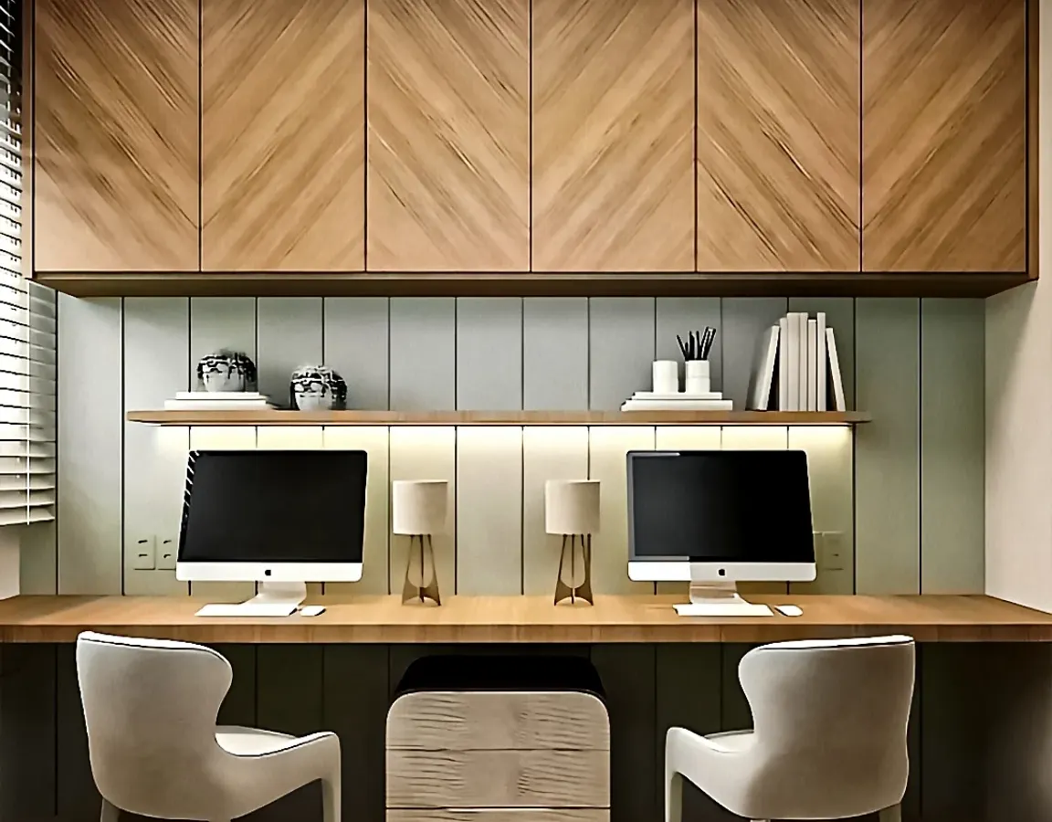 I designed this clean and symmetrical dual-desk workstation for a modern home office. The chevron-patterned wood cabinetry overhead provides ample storage, while the integrated LED lighting ensures a well-lit work surface for two.