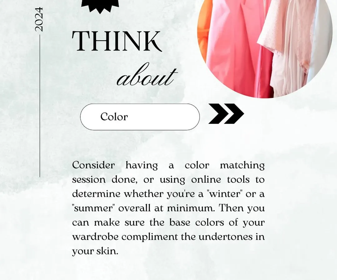 Finding your personal color palette is the first step to building a wardrobe you love. My color analysis sessions help you determine your color "season," like 'winter' or 'summer', which acts as a guide to ensure every piece you buy complements your natural skin undertones.
