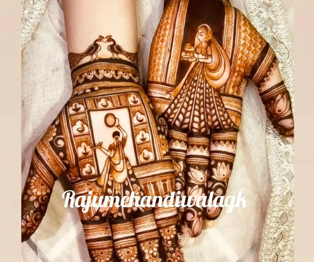 A classic Karwa Chauth design that is always in demand. On one hand, the wife is looking at the moon through a channi, and on the other, she is with her husband. This design captures the heart of the festival.