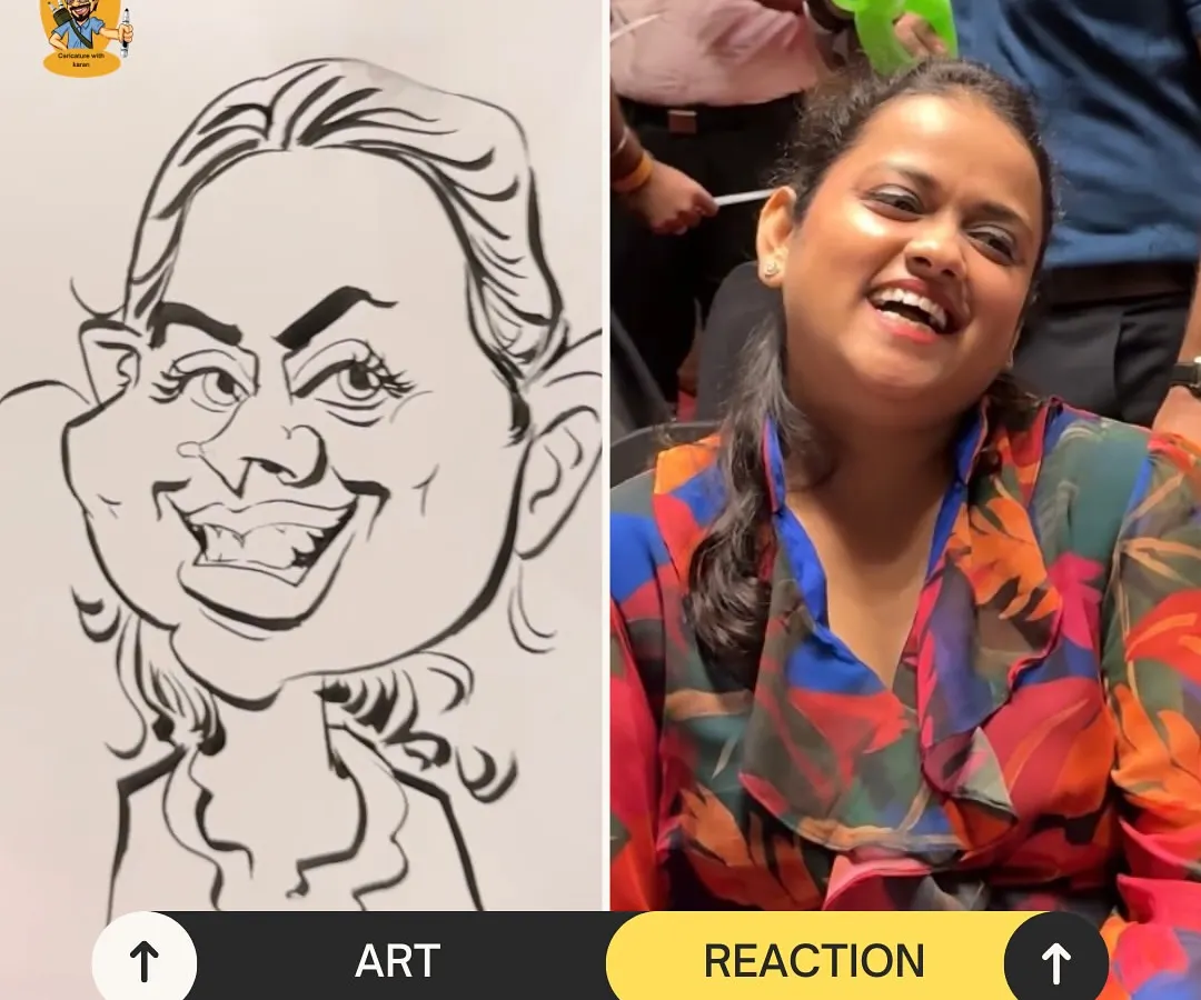The magic is in the reaction. On the left is my art, a black and white ink sketch capturing her vibrant personality. On the right is the real treasure, a heartfelt laugh that makes my work worthwhile.