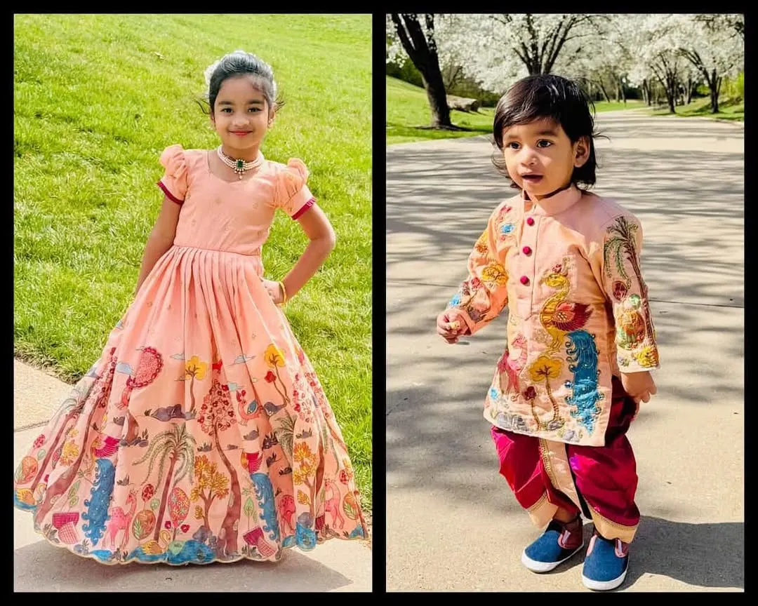 I love creating coordinated outfits for siblings. Here, a sister in a hand-painted peach gown and her brother in a matching kurta-dhoti set look absolutely perfect for a family celebration.