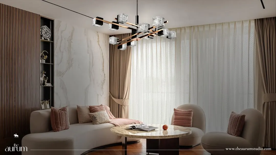 In this living room, a modern sculptural chandelier becomes the centerpiece. The design combines sharp angles with crystalline elements, providing brilliant, multi-directional light that is both functional and a work of art.