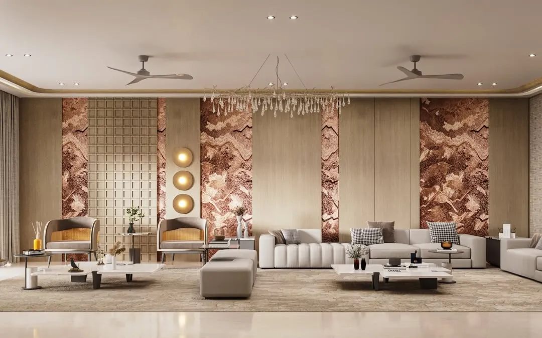 We designed this 6,000 sq. ft. residence as a masterclass in modern luxury. The living space is anchored by hand-picked, stone-inspired wall panels that act as art, juxtaposed with clean-lined furniture. It's a space crafted for both grand entertaining and quiet contemplation.