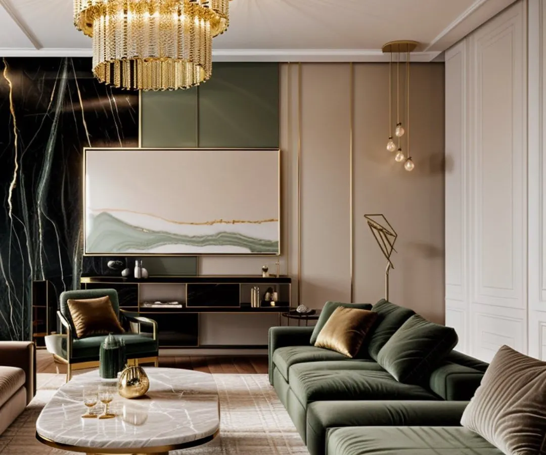 This living room is a study in sophisticated comfort, where a rich palette of sage green and gold creates a warm and inviting atmosphere. We combined plush velvet sofas, a statement marble coffee table, and a dramatic chandelier to craft a space that is both luxurious and perfect for family gatherings.