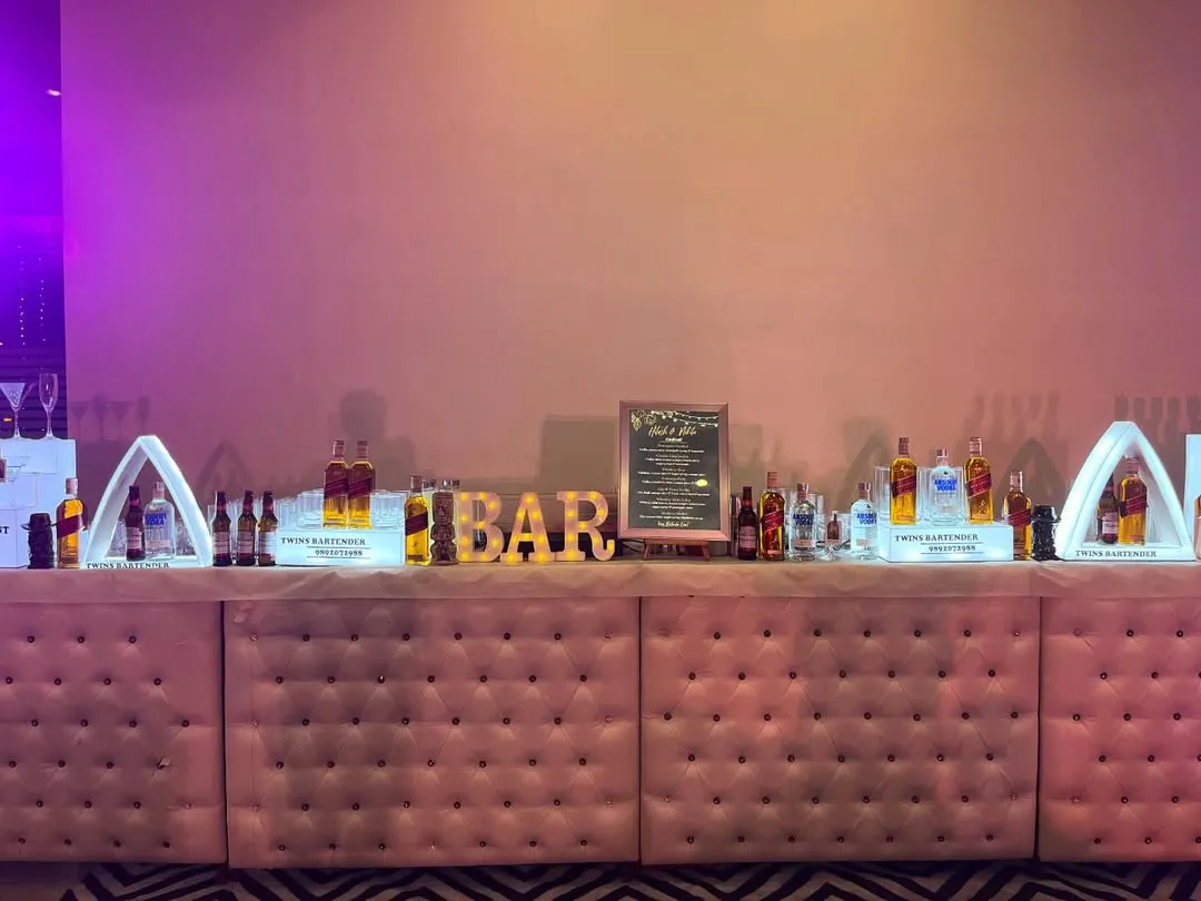 This is our elegant pink tufted bar, a popular choice for stylish weddings and sangeets. We customize our bar setups to perfectly match your event's theme and decor, creating a beautiful centerpiece for your celebration.