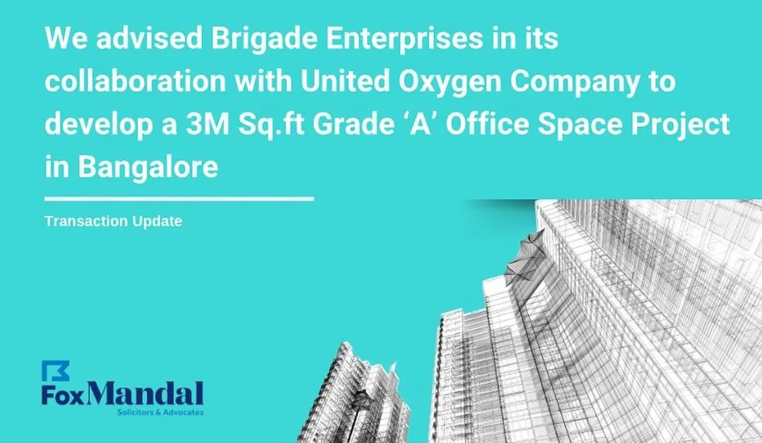 A snapshot of our recent transaction update, where we advised Brigade Enterprises on a joint development agreement to build a 3 million square foot Grade 'A' office space in Bangalore. This project highlights our capability in handling large-scale commercial real estate ventures.