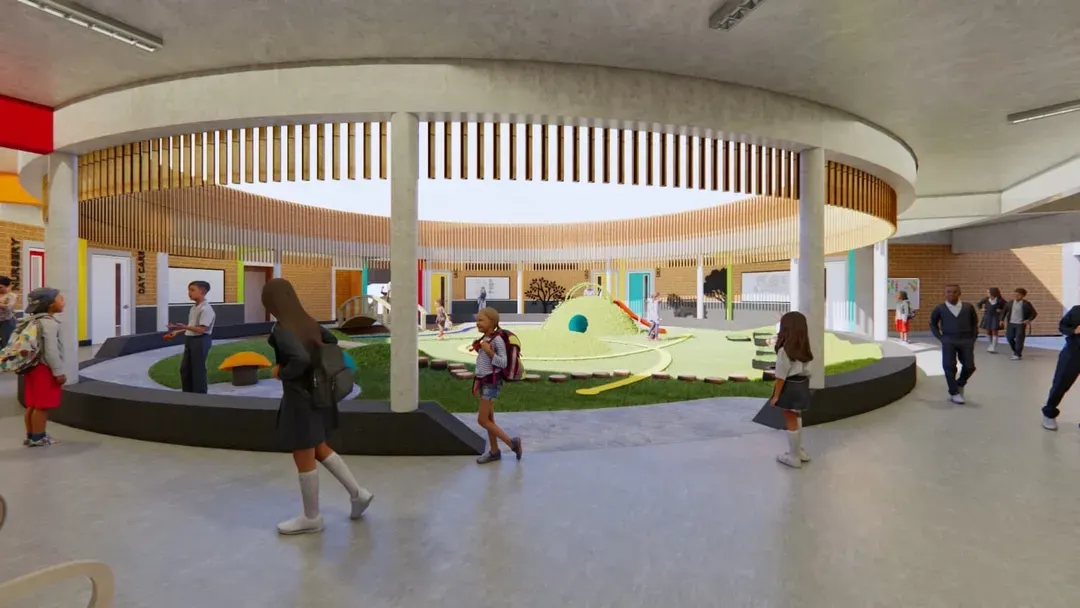 A look into the central courtyard at Urban Gurukul, a K-12 school I designed. The space is a secure, vibrant play area for kindergarteners, using bright colors and open corridors to inspire joy and learning. My focus here was on creating interactive spaces that make education a hands-on experience.