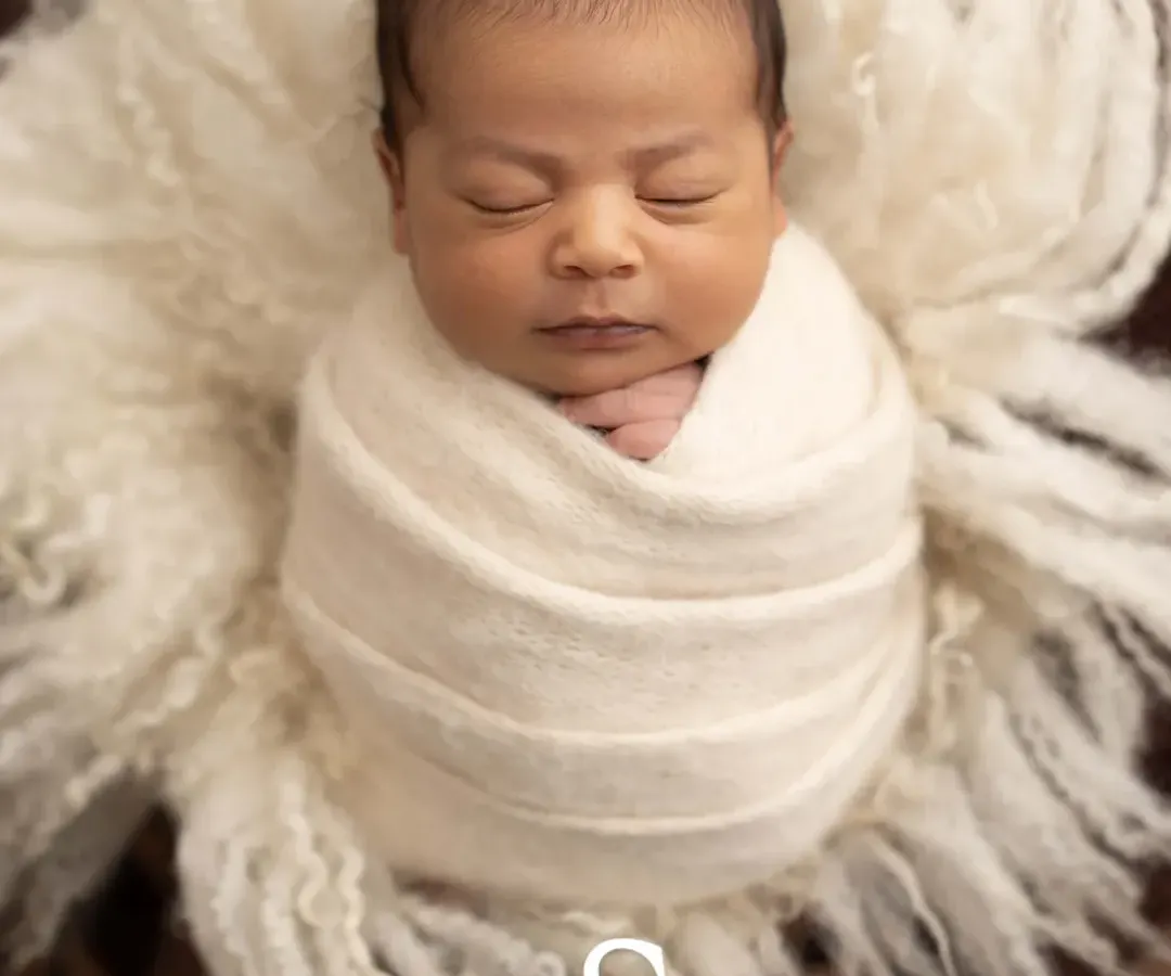 Every masterpiece begins with a strong foundation. This is the original, straight-out-of-camera shot. I guide my students on how to master the fundamentals, including safe newborn wrapping, posing on simple props like this curly fur, and achieving soft, flattering light right from the start. Getting this part right is the most important step, and it's a core focus of my hands-on training.