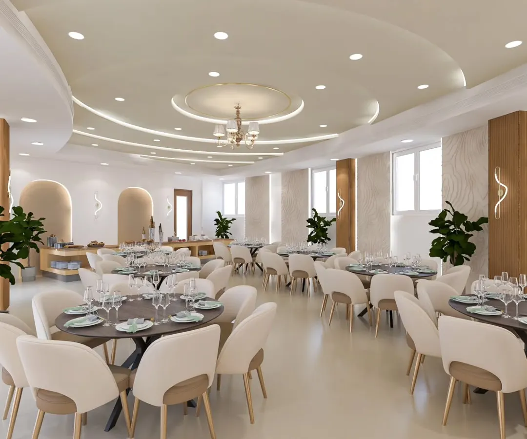 This is our vision for a modern banquet hall, a space designed for celebration. We focused on creating an elegant yet flexible environment with soft curves, layered lighting, and a neutral palette that can be adapted for any event.