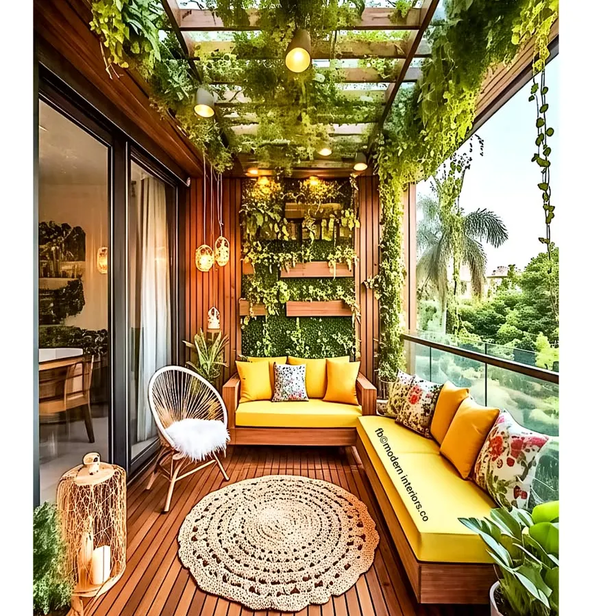 I designed this space to be the ultimate cozy corner. The warm wooden decking and overhead pergola are covered in hanging plants, creating a natural canopy. A comfortable sofa with bright yellow cushions provides the perfect spot to relax, complemented by soft, ambient lighting for magical evenings.