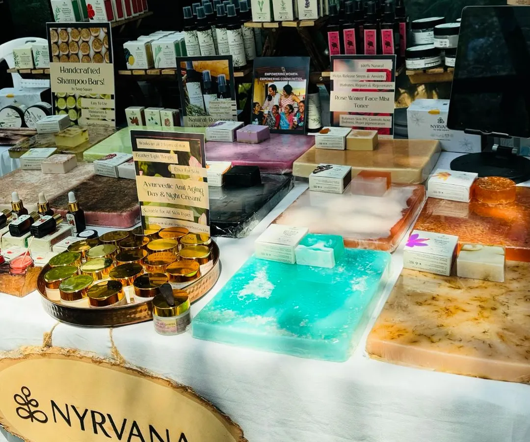 This is my setup at a recent pop-up in Kochi, showcasing the vibrant colors and textures of my handcrafted soaps and wellness products. Each item is made with natural ingredients, perfect for creating beautiful and thoughtful gift sets.