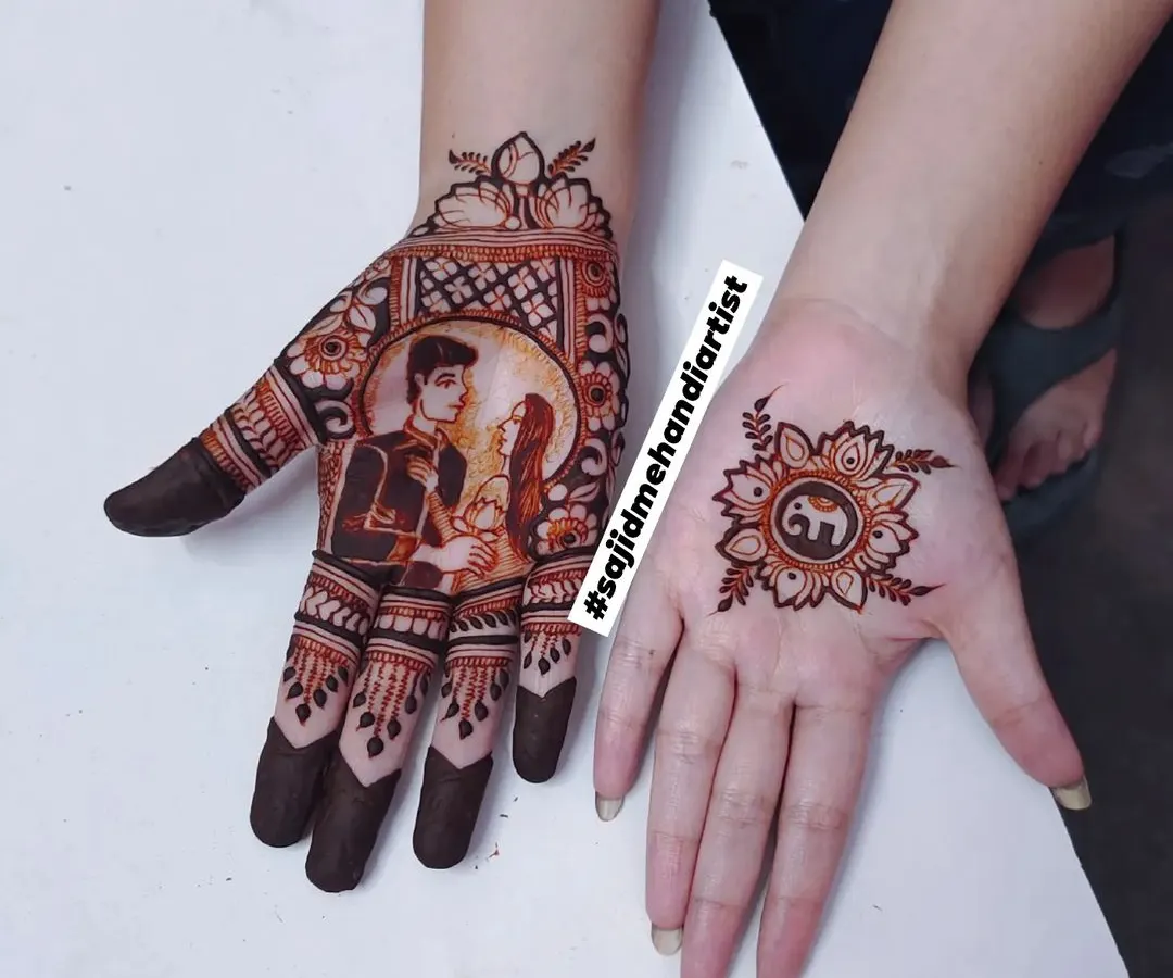 Creating custom portrait mehandi is a skill that sets you apart. In my advanced module, we focus on capturing likenesses and emotions, like in this couple portrait, turning a henna design into a personal story.