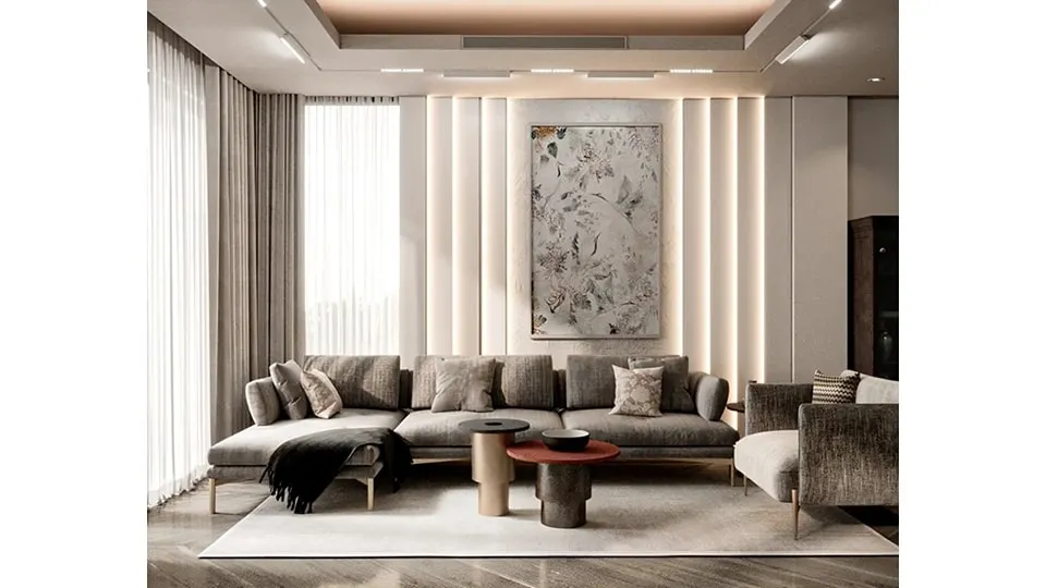 This photorealistic render showcases a luxurious and modern living room design. We focused on creating a sophisticated ambiance with a neutral color palette, layered lighting, and a statement art piece, perfect for apartments and villas.