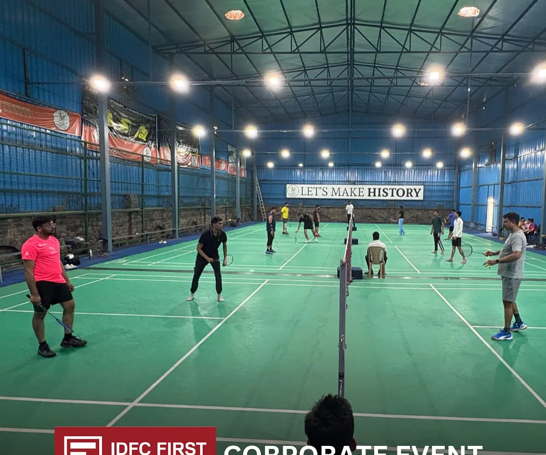 This is what a corporate event should feel like. Multiple courts buzzing with energy at our Tirang Sports Arena during an event for IDFC First Bank. I handle everything to get your team active, engaged, and bonding over the game.
