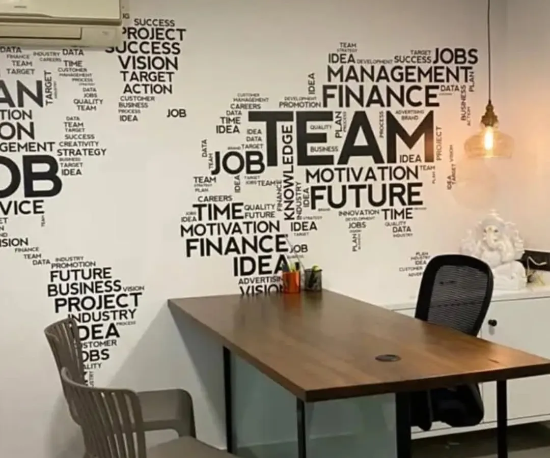 For this corporate office, I designed a custom wall mural featuring a world map made from motivational words related to teamwork, finance, and vision. It’s a sophisticated and inspiring way to reinforce company culture and create a focal point in a modern workspace.