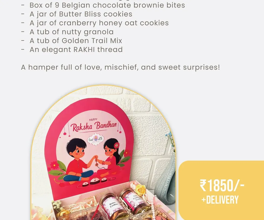 Celebrate the special bond of Raksha Bandhan with our "Grand Bond Box". This festive hamper includes a delicious assortment of Belgian chocolate brownie bites, cookies, granola, trail mix, and an elegant Rakhi thread, all beautifully packaged to make your sibling feel loved.
