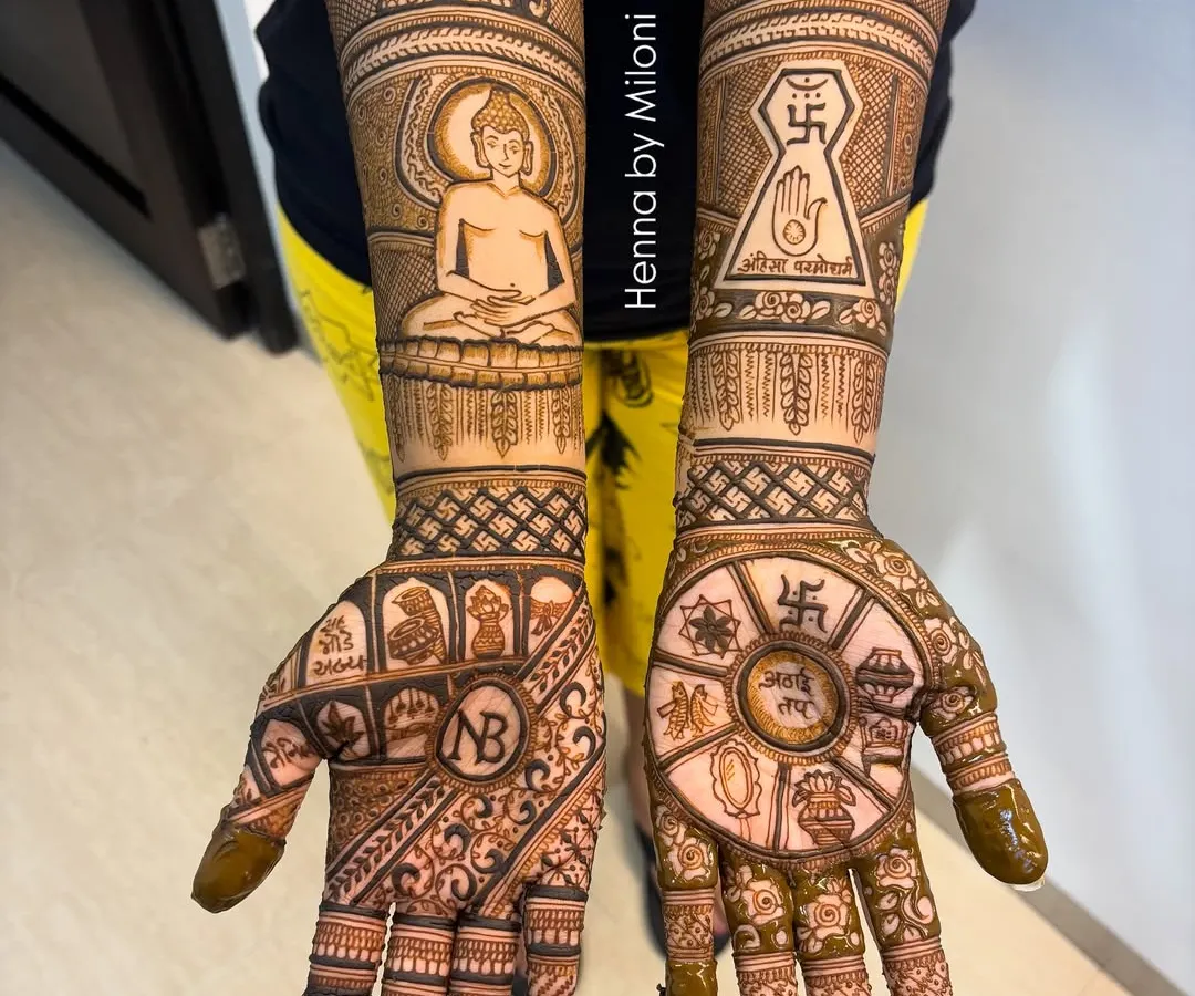 For me, creating a Jain Tapasya mehendi is a form of devotion. This design incorporates sacred symbols, the figure of Mahavir Swami, and other elements central to the spiritual journey of tapasvi, all done with the utmost care and respect.