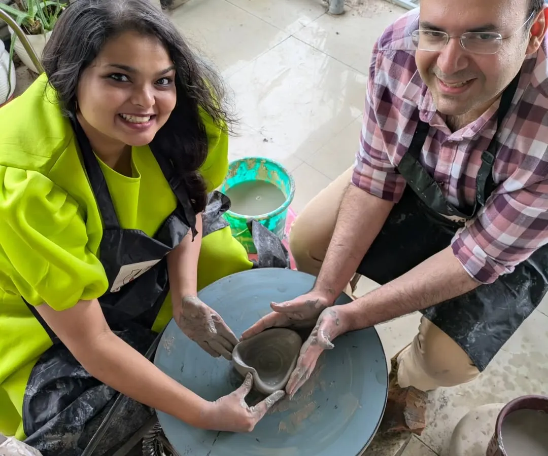 Here's a lovely couple enjoying our guided wheel-throwing session. We love seeing the smiles and teamwork as you both work the clay to create something new from scratch.