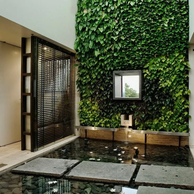 This indoor atrium project demonstrates how we bring nature inside. We designed and installed a floor-to-ceiling vertical living wall, which acts as a natural air purifier, alongside a tranquil water body with stone pavers. This is a prime example of biophilic design that enhances both aesthetics and air quality.