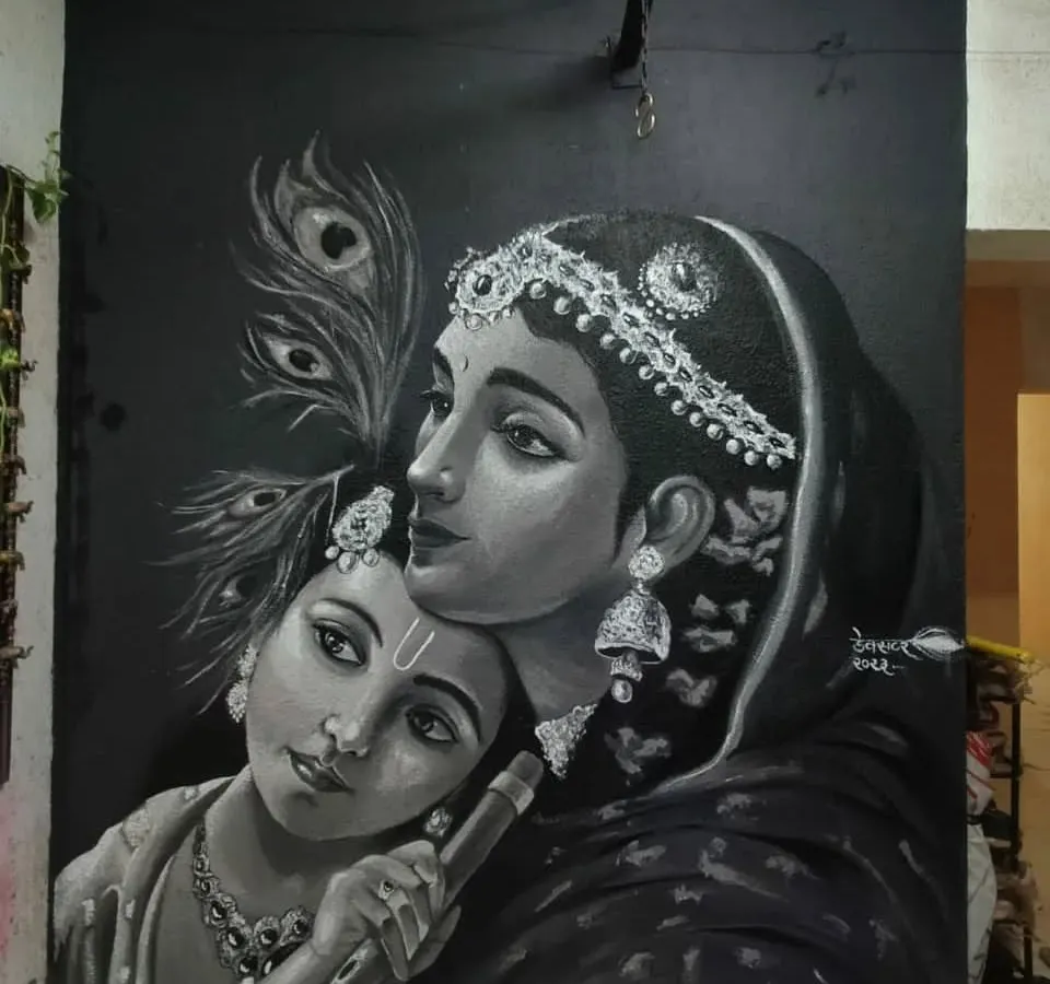 A custom Indian mythological mural I painted, depicting the bond between Yashoda and Krishna. The entire piece is done in monochrome to emphasize the emotion and intricate details of the scene.
