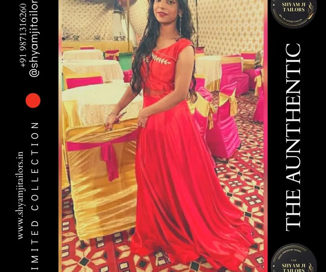 This vibrant red party gown was custom-made for a client. We can create modern, elegant gowns for any occasion, ensuring a fit that flatters your body type perfectly.