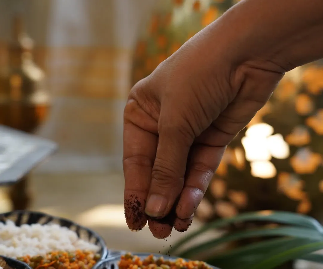 This is the magic moment. A simple sprinkle of my smoky, tangy Chammanthi Podi transforms a humble bowl of rice into a comforting meal. You can see how this versatile Kerala spice powder instantly elevates a dish, adding a layer of roasted coconut and spice that tastes like memory.