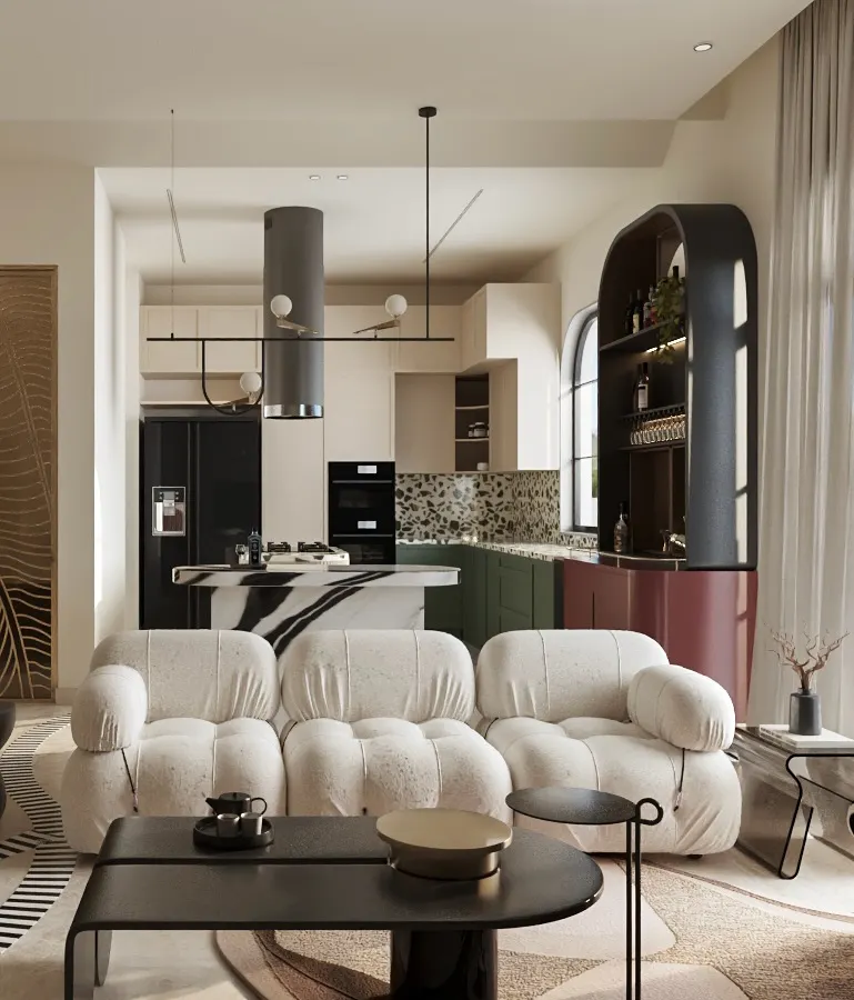 I believe a home should be full of personality. This open-concept space is a celebration of layered expression, blending diverse materials, bold patterns, and striking silhouettes. From the cloud-like sofa to the sculptural bar and dramatic kitchen island, each element tells its own story while contributing to a harmonious, curated, and lively whole.