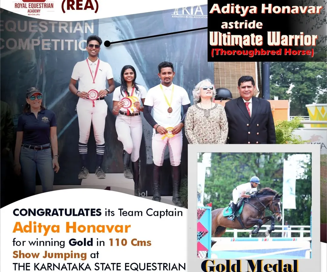 The result of dedication. Our Team Captain, Aditya Honavar, securing the Gold Medal in 110 cm Show Jumping at the Karnataka State Equestrian Championship. We train competitors to reach the top of the podium.