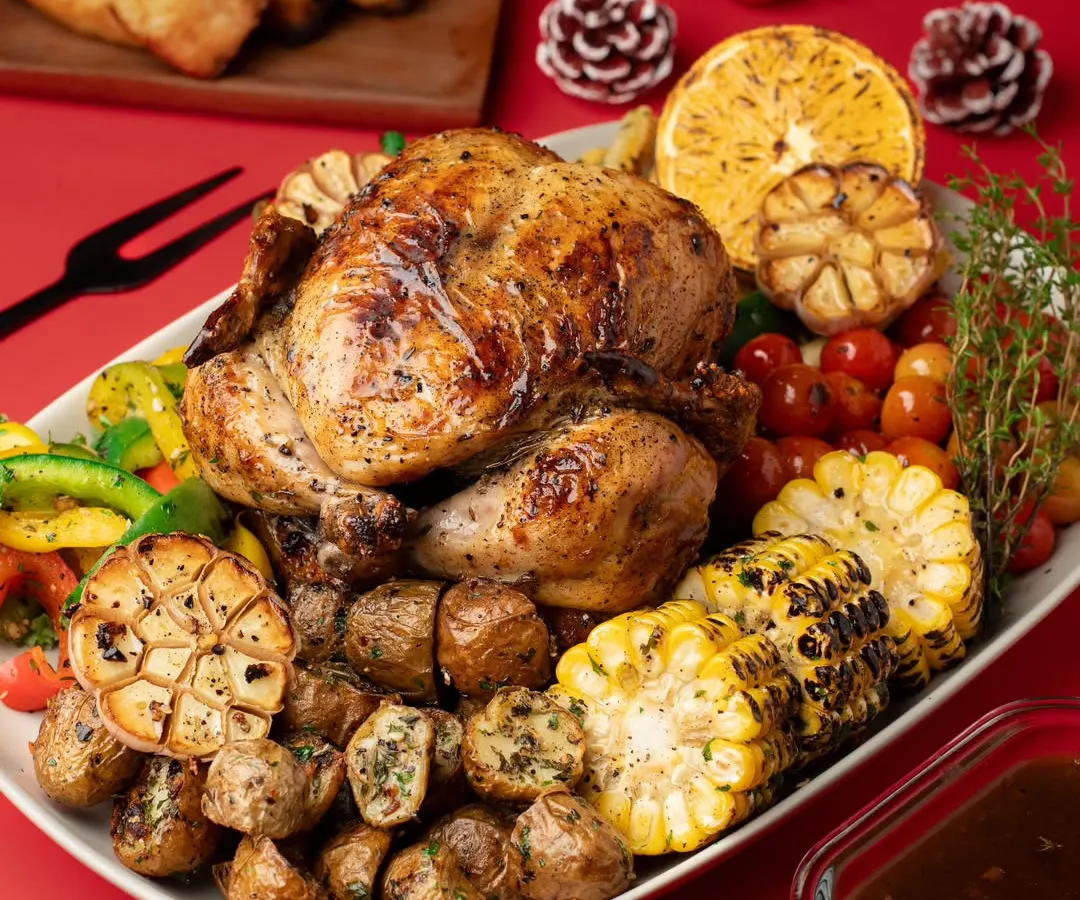 We create visuals that feel like a celebration. This full Christmas roast chicken spread, complete with roasted potatoes, garlic bread, and vibrant vegetables, was styled and shot to capture the warmth and abundance of a festive feast.