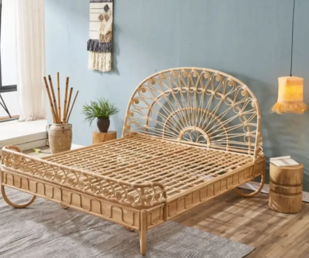 We prove that rattan can be both strong and elegant with our handcrafted bed frames. This piece features an intricate, sunburst-style headboard, offering a lightweight, breathable, and sustainable alternative to traditional beds, perfect for creating a serene, nature-inspired bedroom.