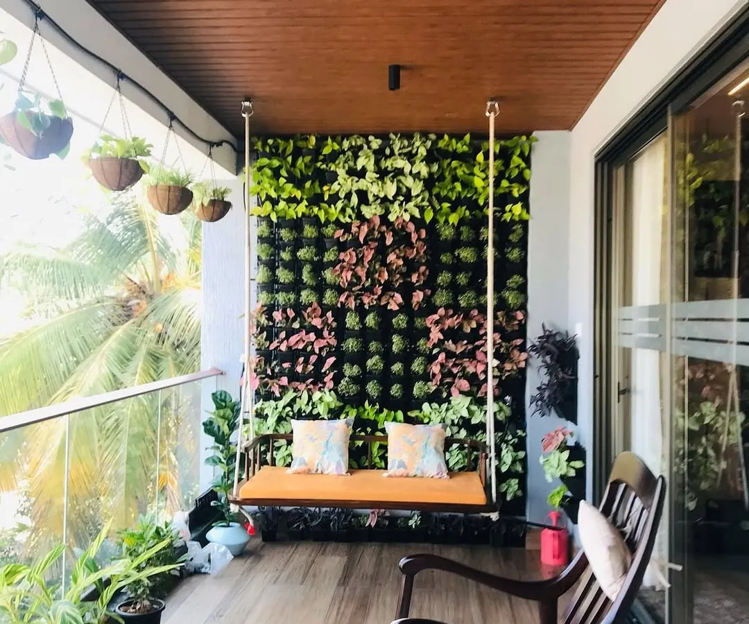 A complete balcony transformation in Bangalore. This finished project features a custom living wall with varied plant textures, creating a perfect backdrop for a relaxing swing seat and turning the space into a private urban oasis.