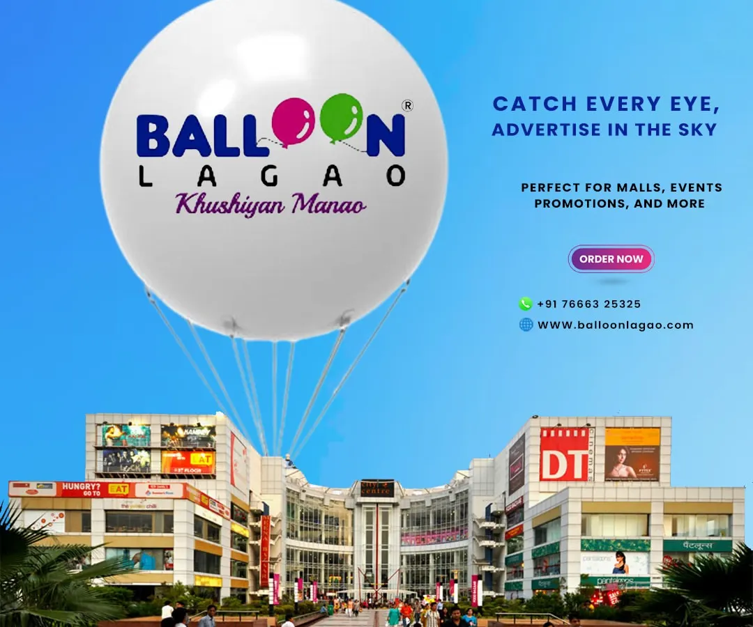 Take your brand to new heights with our giant sky advertising balloons. This graphic illustrates how a custom-branded balloon floating above a commercial area like a mall can capture widespread attention for promotions and events.