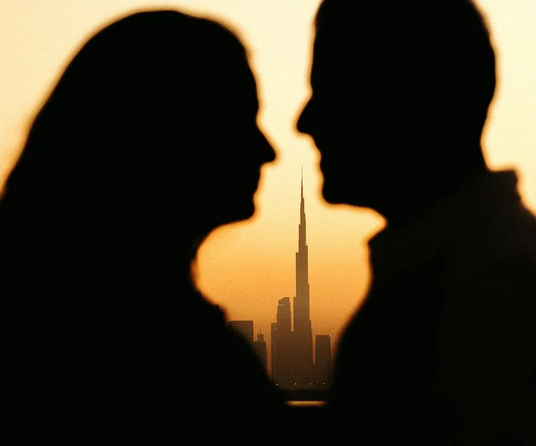 A classic silhouette shot against the Dubai skyline at sunset. I framed the iconic Burj Khalifa between the couple to create an intimate yet grand portrait that tells a story of modern love.