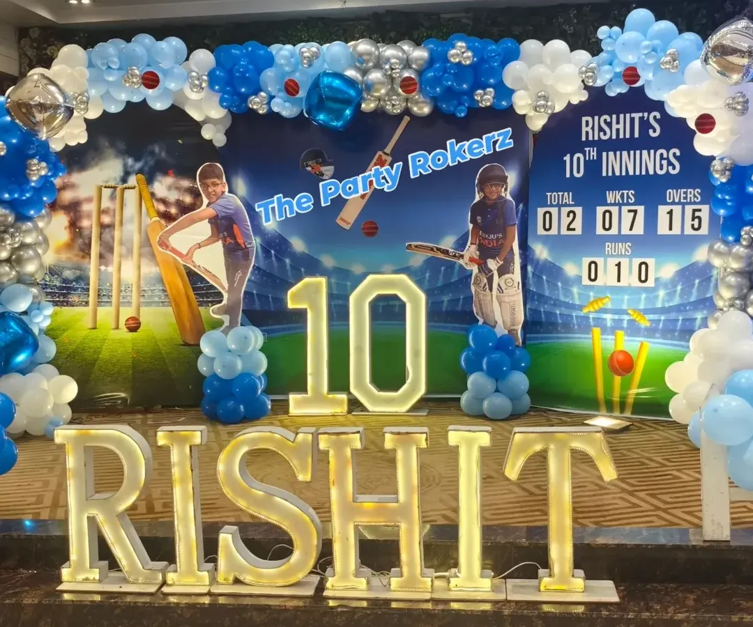 For all the young cricket fans, I create exciting cricket-themed birthday parties. This setup includes a custom stadium backdrop, life-sized cutouts of favorite players, and large marquee letters and numbers, making it a huge hit for a 10th birthday.