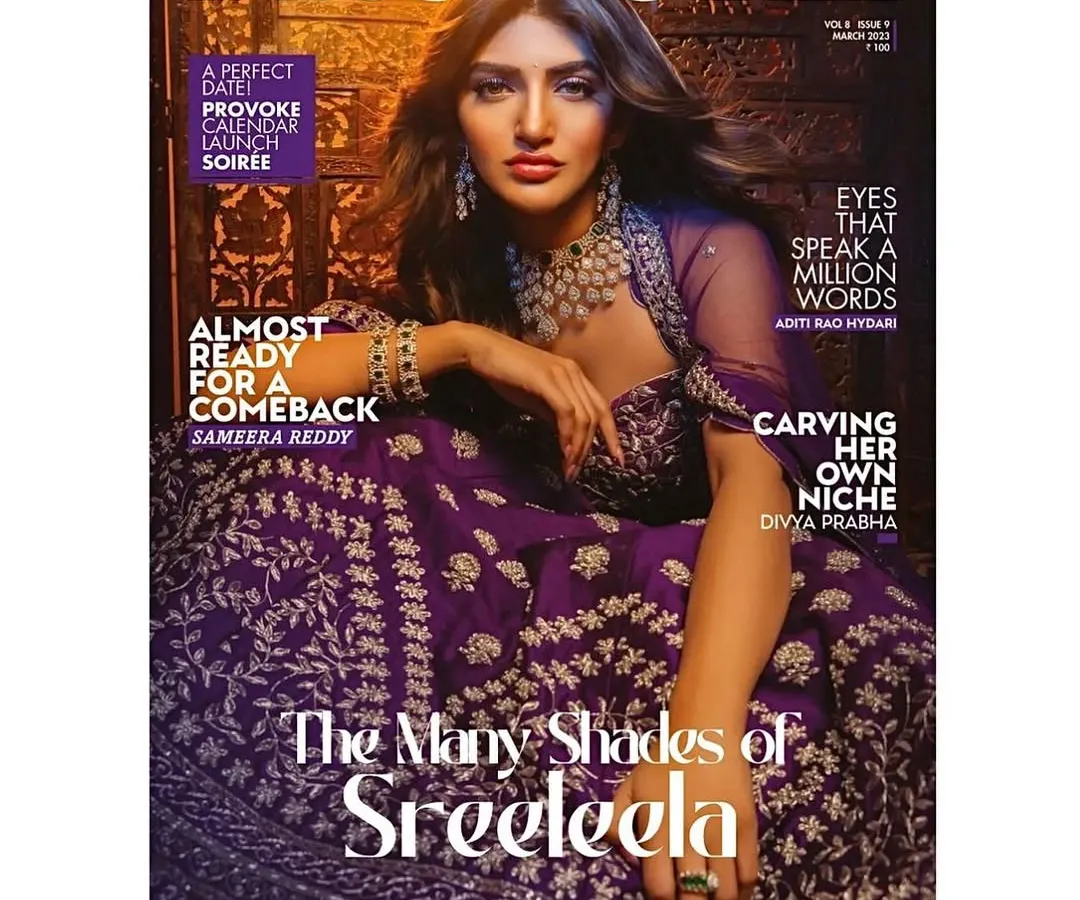 For the cover of Provoke Lifestyle magazine featuring the talented Sreeleela. I directed this shoot to capture a look of modern royalty, styling a heavily embroidered purple lehenga with statement diamond jewelry to create a powerful and elegant image.