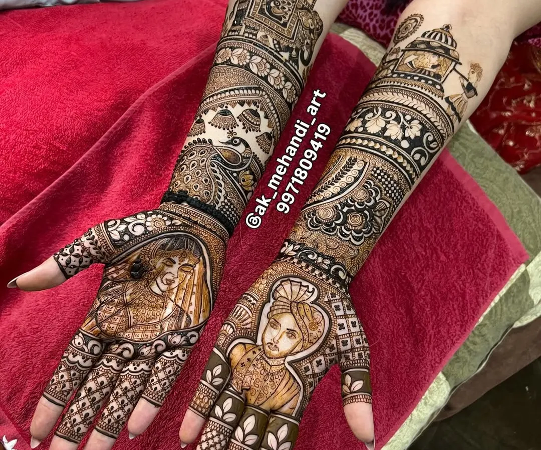 Your love story, told through mehndi. I specialize in creating custom portraits of the bride and groom, along with other meaningful symbols like this doli scene, making your bridal henna truly one of a kind.