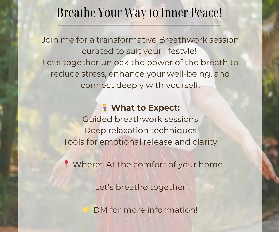 Ready to breathe your way to inner peace? I offer transformative breathwork sessions curated to fit your lifestyle. We will work together online to unlock the power of your breath, reduce stress, and connect deeply with yourself through guided techniques for emotional release.