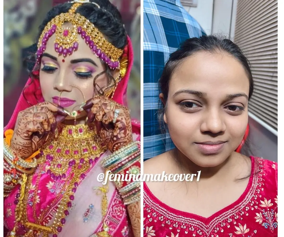 A powerful before and after of one of my brides. I believe makeup should enhance your natural beauty, not hide it. Here, I focused on creating a flawless base, dramatic eyes, and a bold lip to match her stunning pink bridal lehenga.