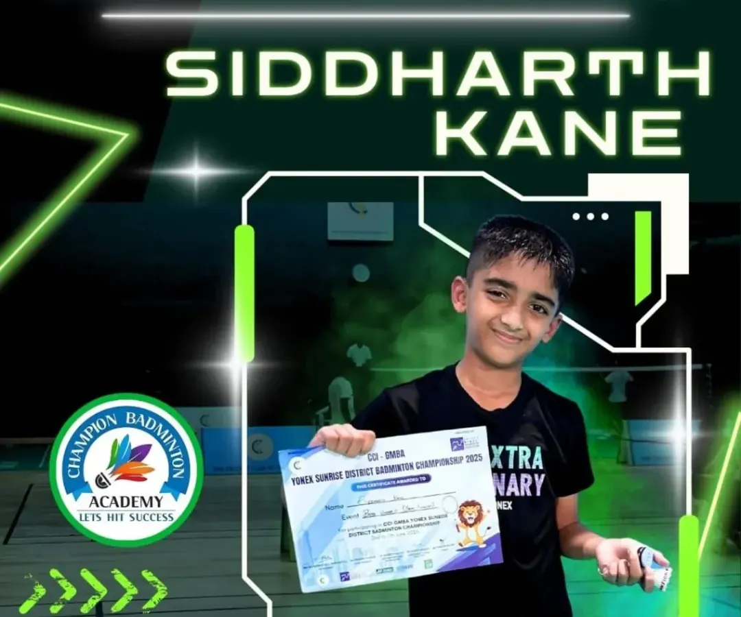 We don't just teach badminton, we build champions. Here is our student Siddharth Kane from the BSNL centre, proudly showing his bronze medal from the CCI GMBA Yonex Sunrise District Championship.