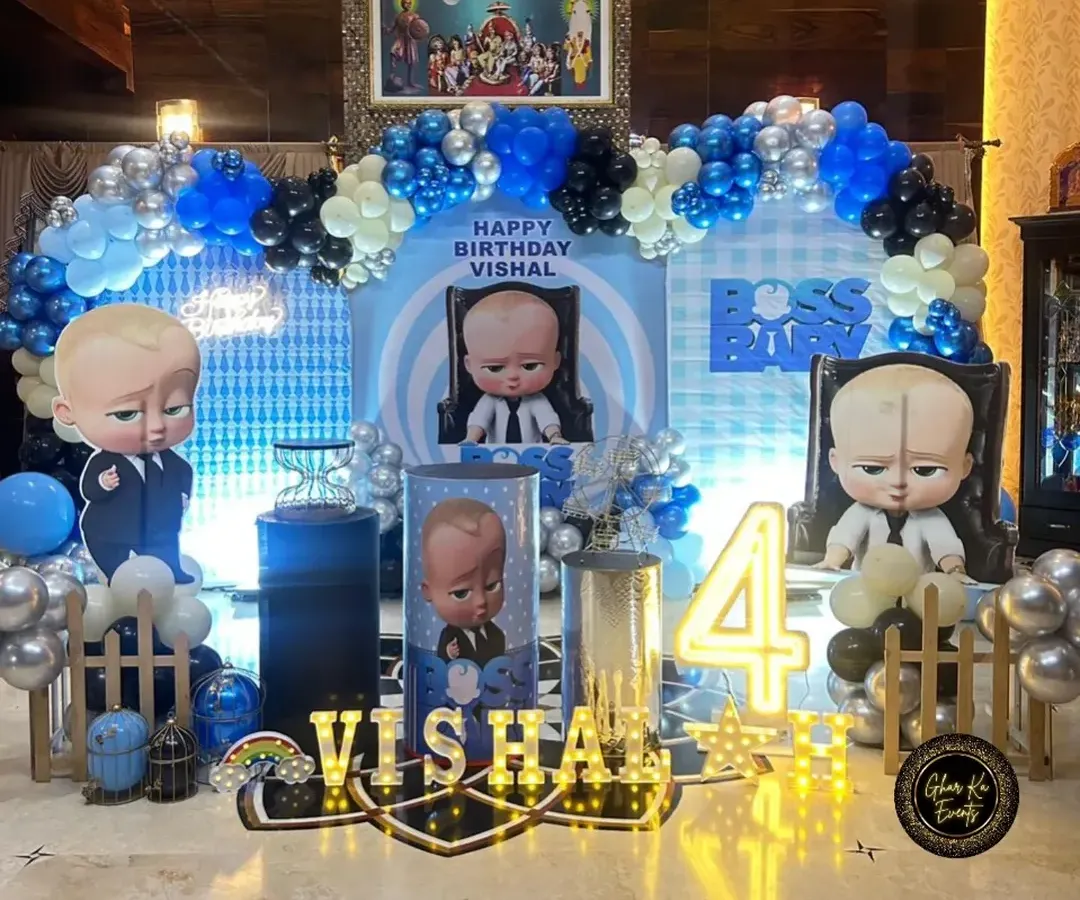 A "Boss Baby" theme is a huge hit for kids' birthdays. I designed this complete setup with life-sized character cutouts, a custom backdrop, themed plinths for the cake, and marquee lighting to make the birthday boy feel like a real boss.