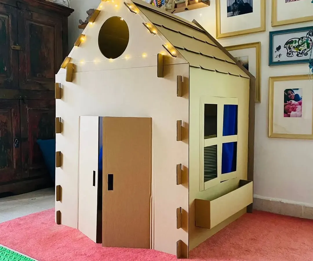 See how our large playhouse fits perfectly into a child's room. Before the paint, it's a sturdy, eco-friendly fort, reading nook, or secret clubhouse, ready for adventure.