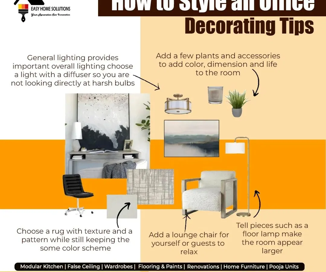 We transform standard offices into dynamic workspaces. This graphic outlines our core principles for office styling, focusing on how elements like ergonomic furniture, smart lighting, and designated lounge areas can boost productivity and reflect your company's culture.