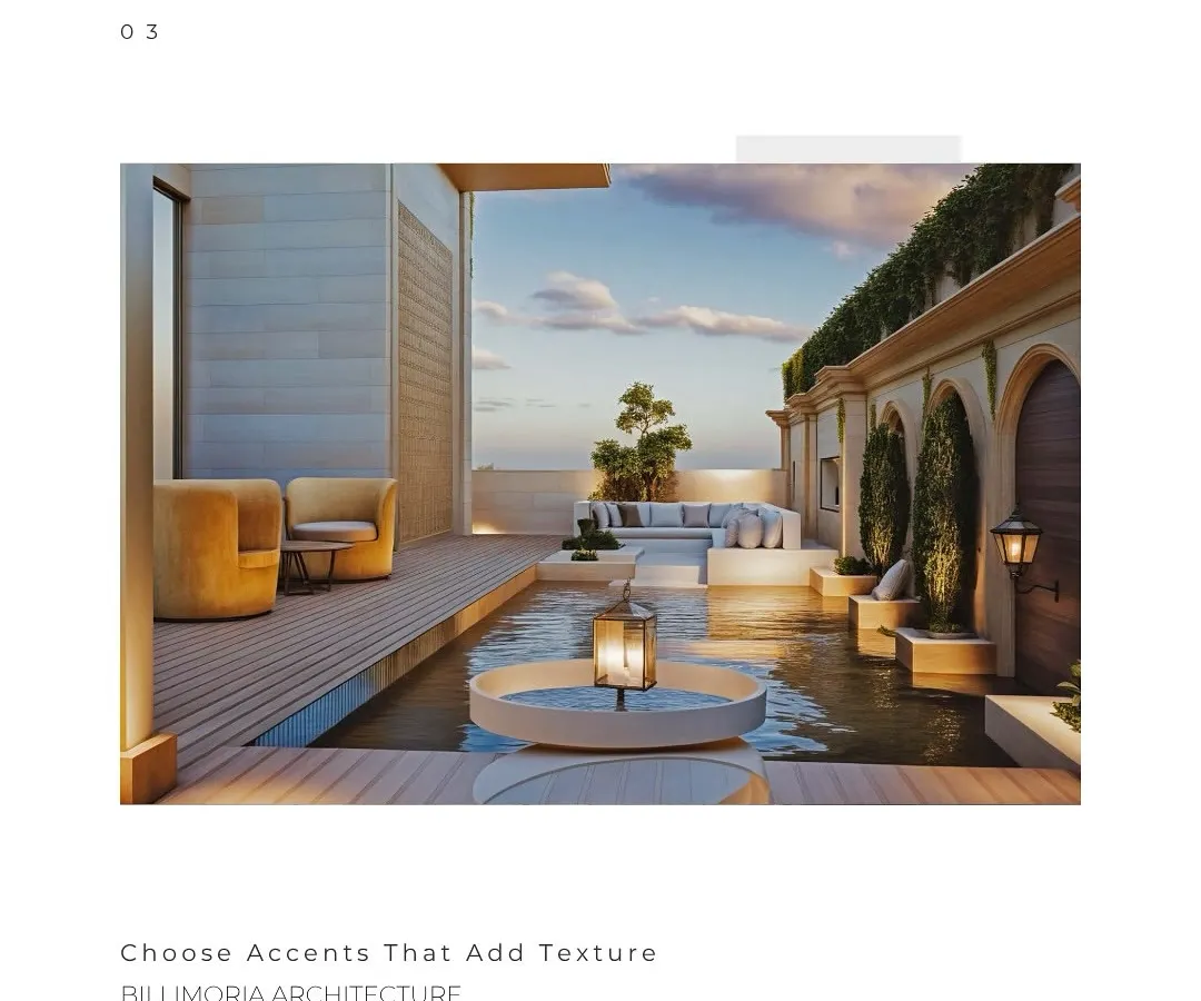 This rooftop terrace is designed as a private oasis. We incorporated a tranquil water body, a floating fire pit, and plush seating to create a seamless extension of the living space, perfect for relaxation and entertaining under the sky.