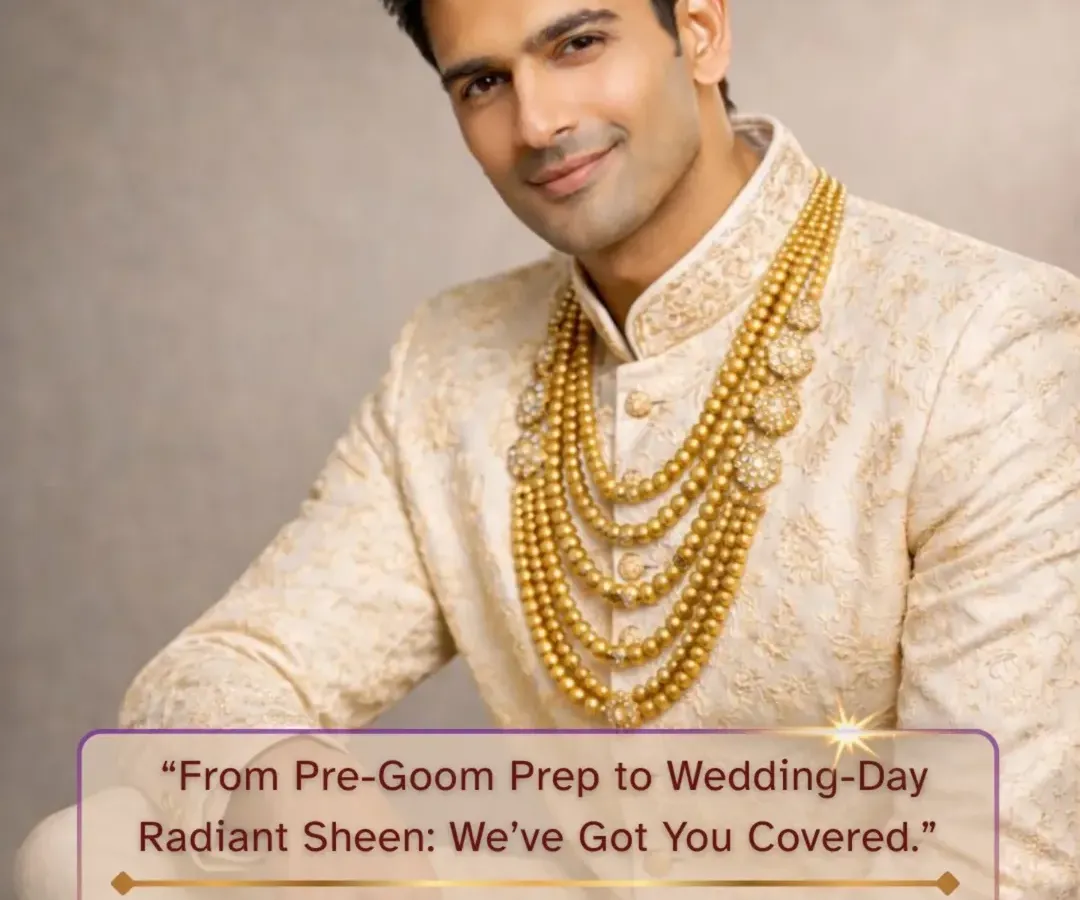 We believe grooms deserve to look and feel their absolute best too. This visual introduces our dedicated Groom Glow Collection, with custom-crafted programs that ensure sharp, fresh, and wedding-ready skin. We cover everything from pre-groom prep to achieving that final radiant sheen.