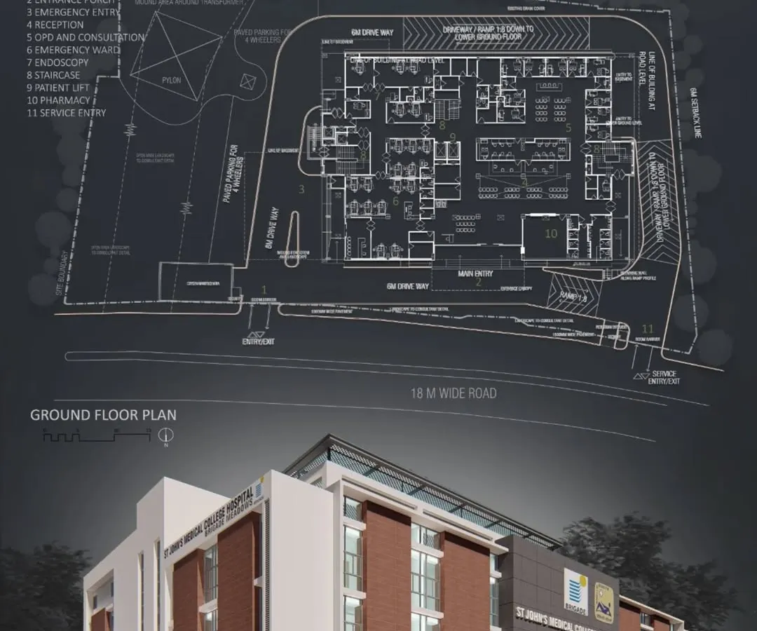 This is the architectural plan and 3D visualization for the St. John's Medical College Hospital. My process involves a complete, end-to-end solution, from the initial ground floor plan and structural design to the final building facade, ensuring every detail is mapped out for functionality and aesthetics.