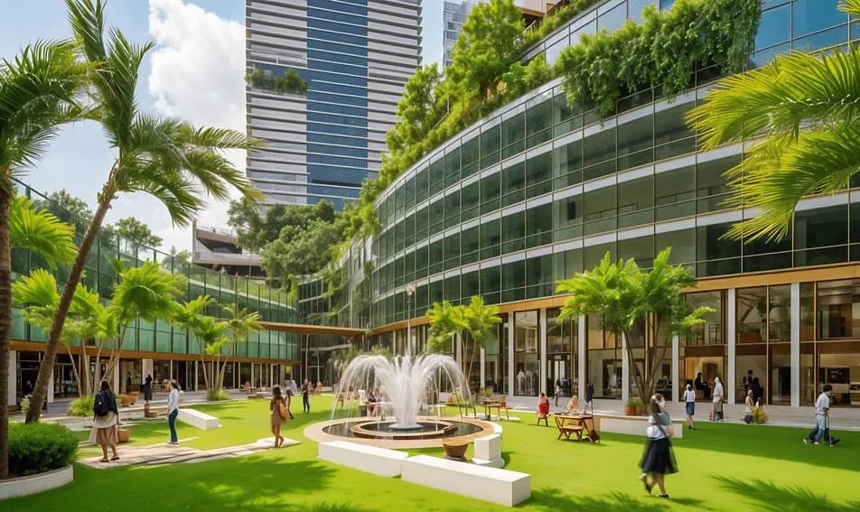 A vibrant public plaza designed as the heart of a commercial development. We create active, inclusive community spaces that encourage social interaction, recreation, and moments of pause within the bustling urban landscape.