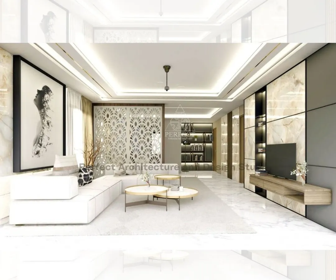 This 3D render showcases a bright and airy living space defined by a neutral color palette and white marble flooring. A custom-designed jaali partition elegantly separates the seating area, adding a decorative element without closing off the room. The floating TV console and built-in shelving maintain a clean, seamless look.