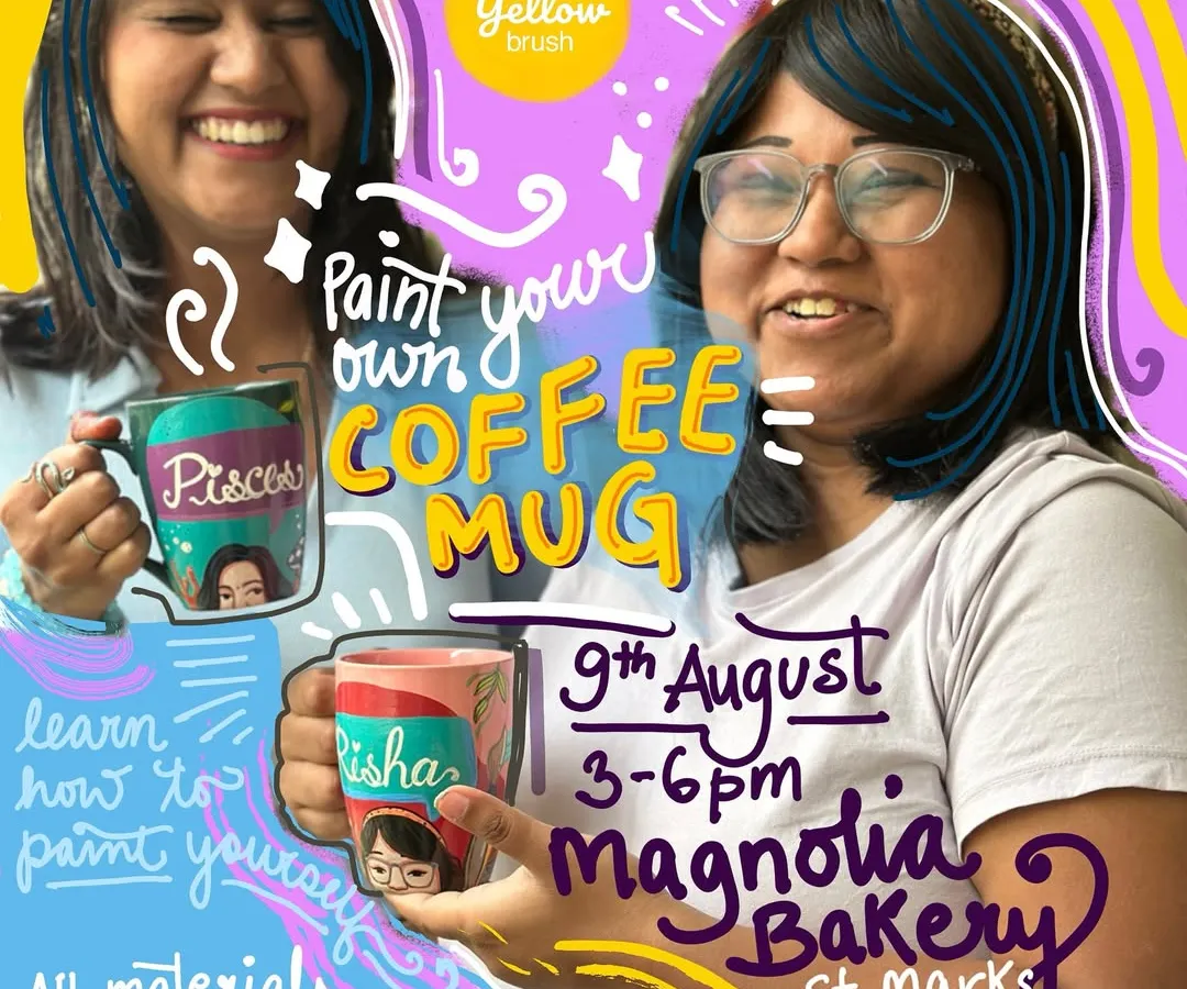 Come paint, sip, and socialize with me at one of my fun workshops in Bangalore. This poster was for a coffee mug painting session at Magnolia Bakery where we learned to paint our own portraits on mugs. All materials and food are included, so you just need to show up and be ready to create.