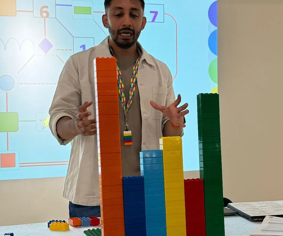 This is a glimpse into our "Six Bricks" teacher training session, led by an expert from SundayBricks. I focus on bringing in specialists to demonstrate how simple tools like LEGO blocks can be used to teach complex concepts and make learning inseparable from play.