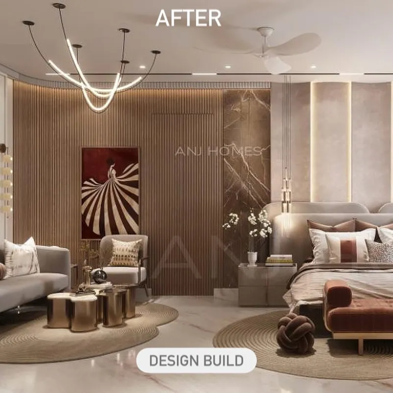 A look at the completed master bedroom from one of my design and build projects. I transformed this space using warm lighting, layered textures, and custom woodwork to create a luxurious and cozy retreat.